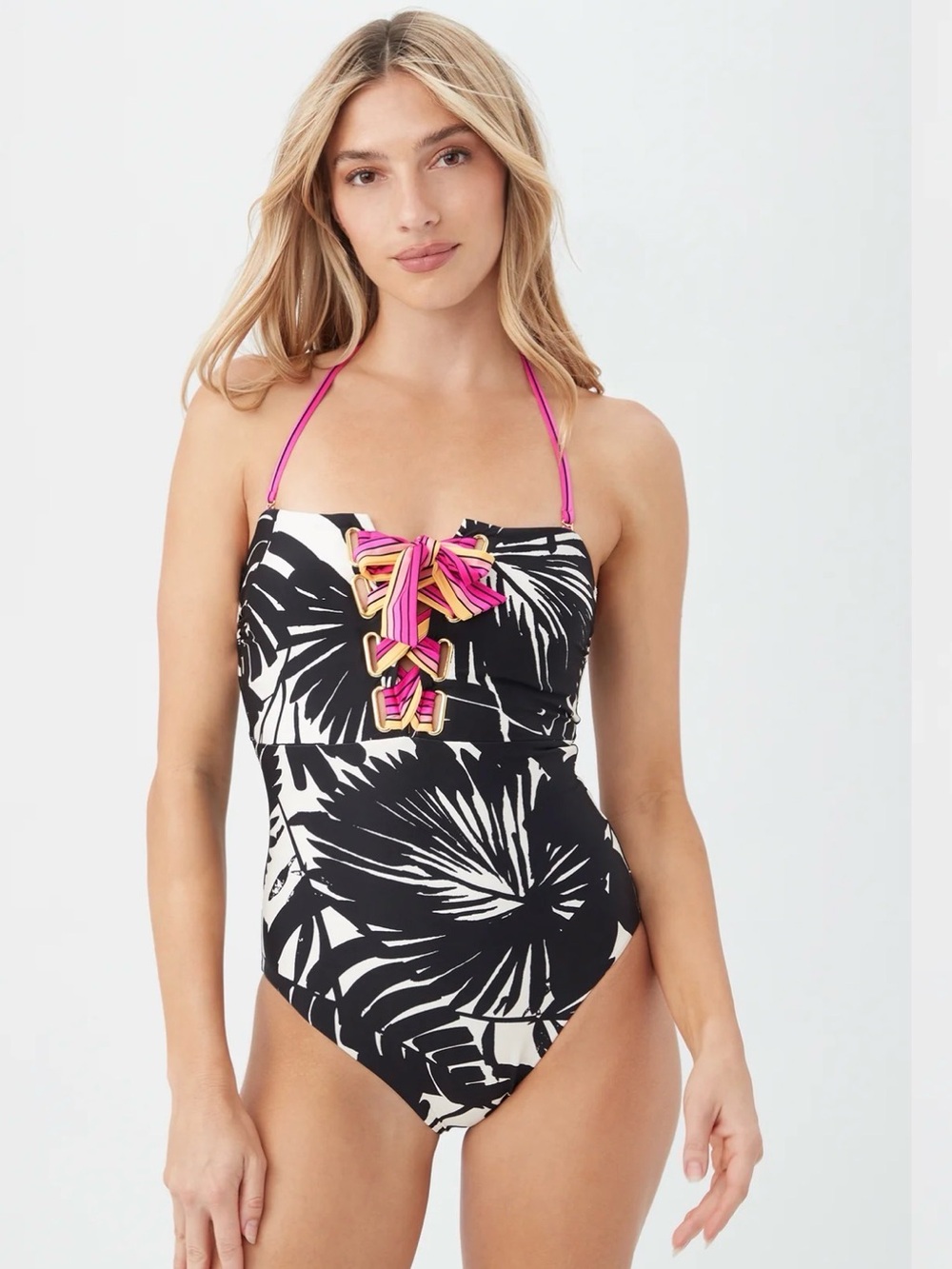 Trina Turk Lennox Lace-Up One Piece Swimsuit Size 10 Resort Swim pink black